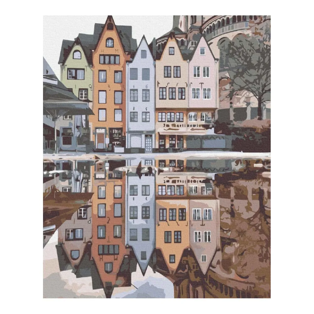 Numeromaalaus värikkäät talot rivissä