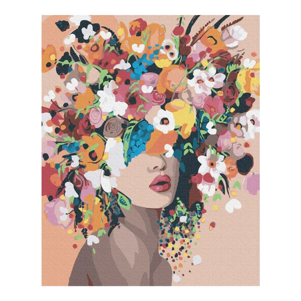 Numeromaalaus nainen ja kukkaseppele