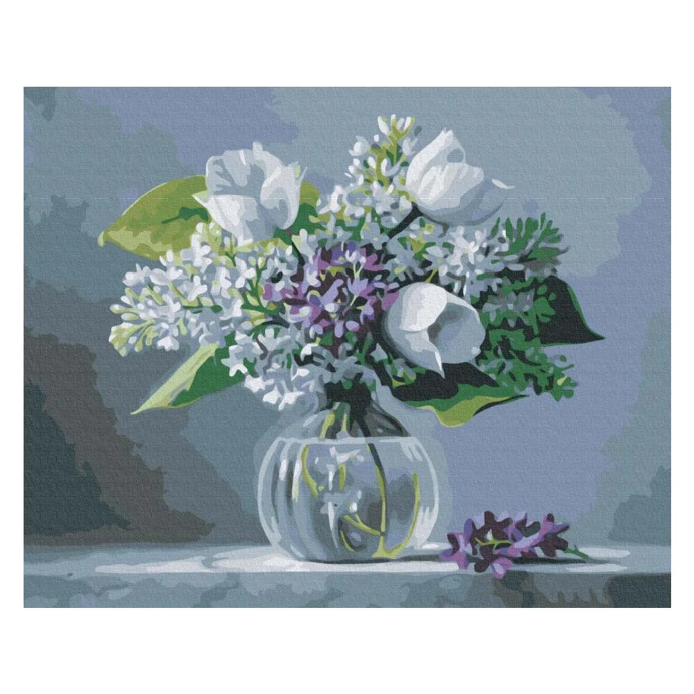 Numeromaalaus vaaleat kukat maljakossa