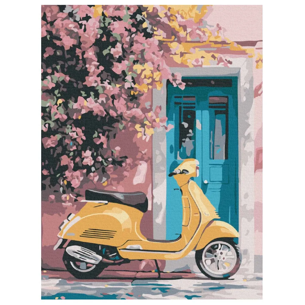 Numeromaalaus skootteri, kukat, sininen ovi