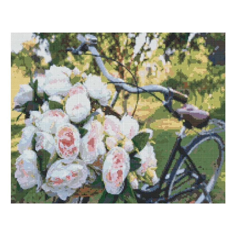 Timanttimaalaus valkoiset ruusut ja pyörä