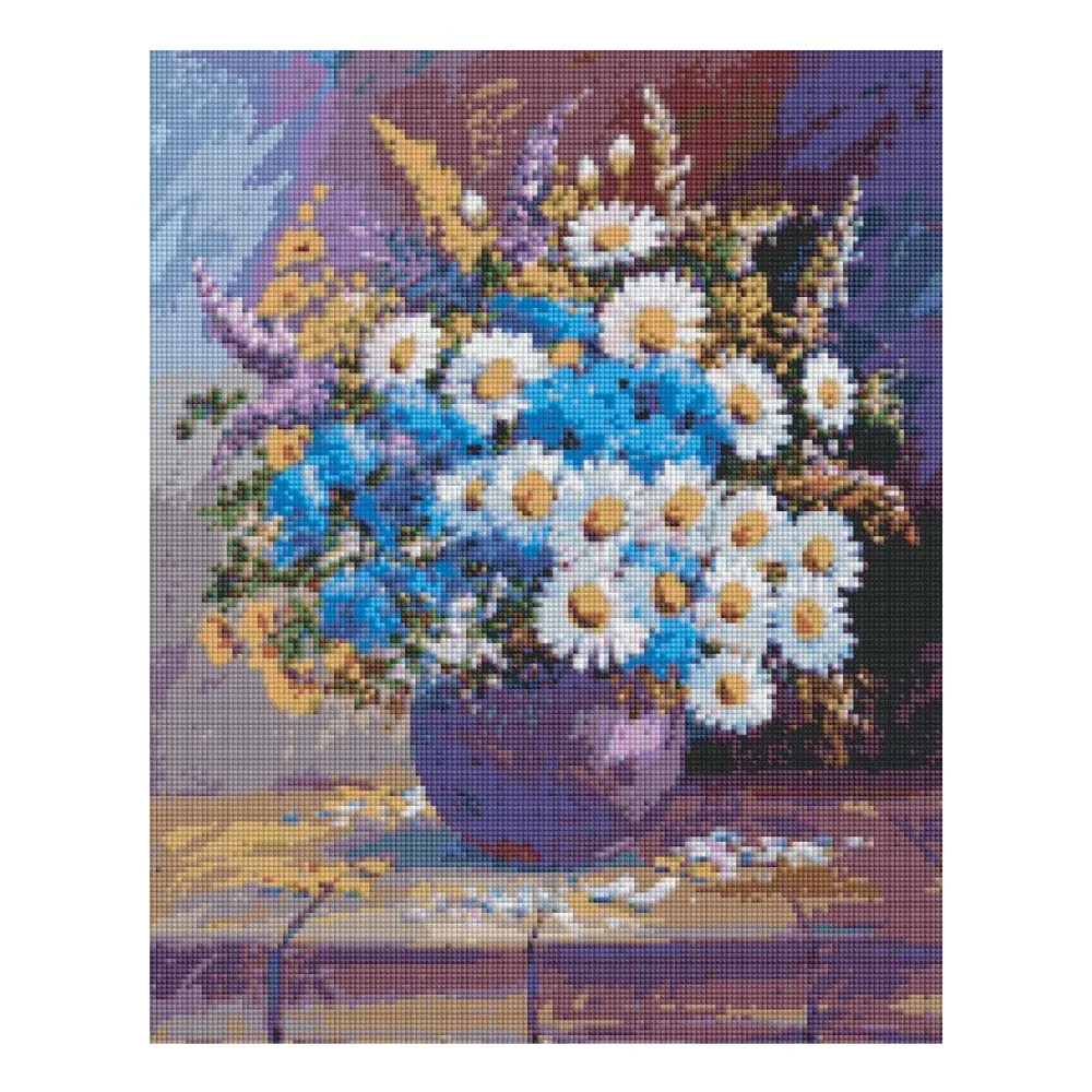 Timanttimaalaus sini-valkoiset kukat maljakko