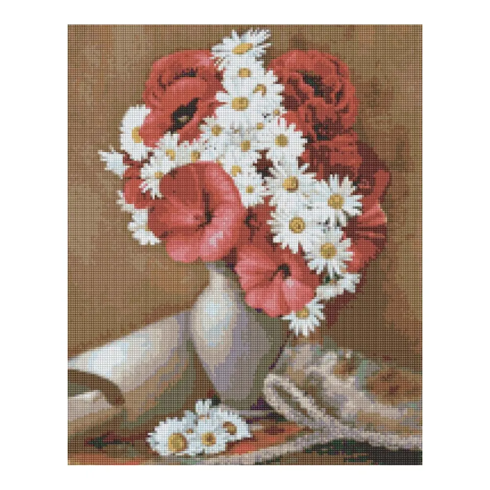 Timanttimaalaus puna-valkoiset kukat maljakko