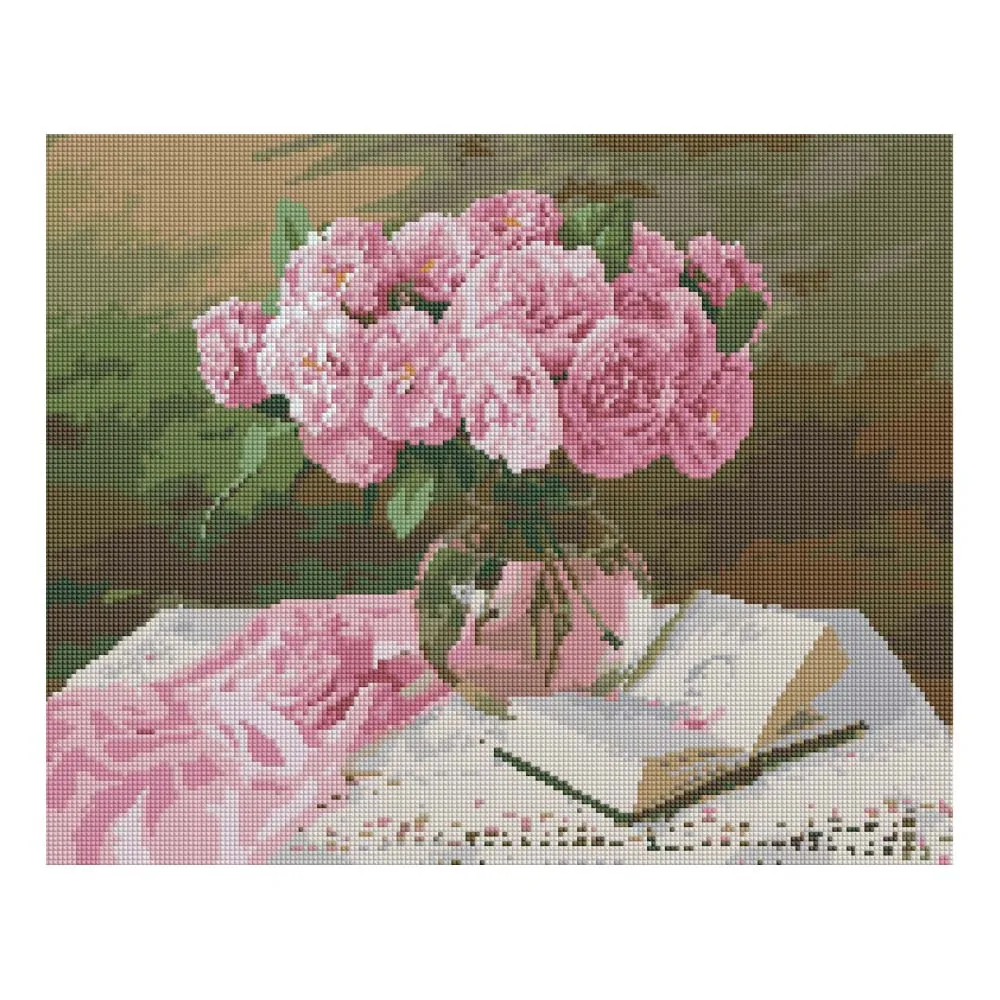 Timanttimaalaus pöydällä pinkit ruusut /kirja