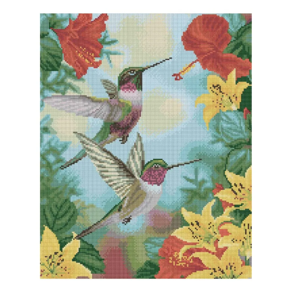 Timanttimaalaus kaksi kolibria ja kukat