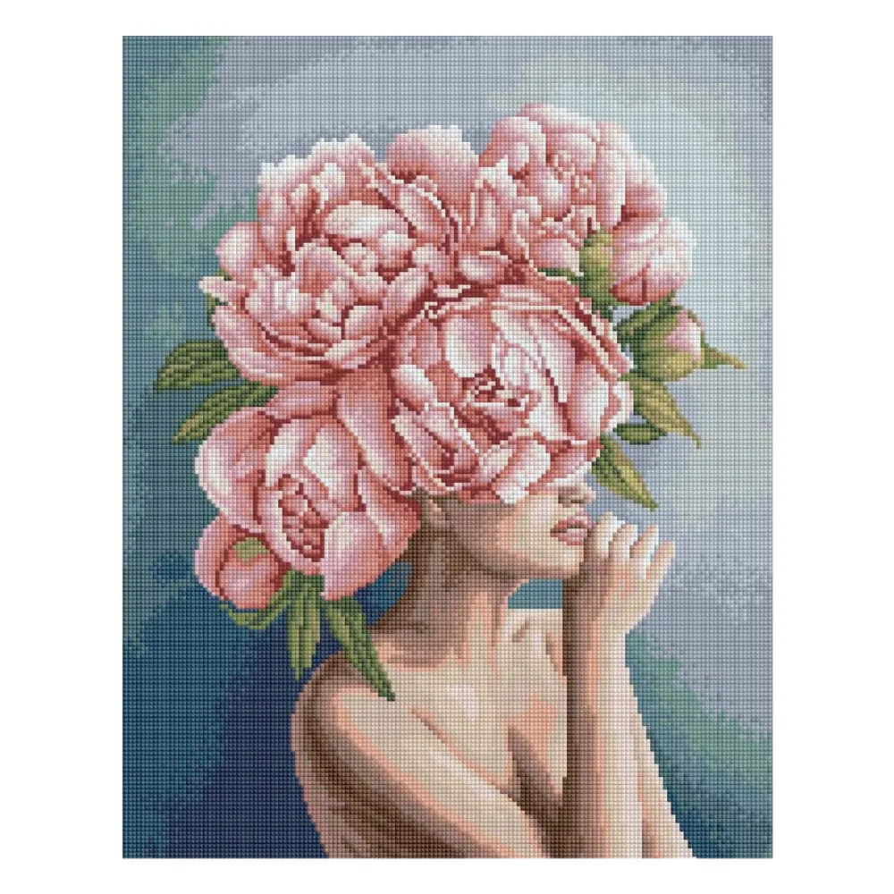 Timanttimaalaus nainen ja v.punaiset pionit